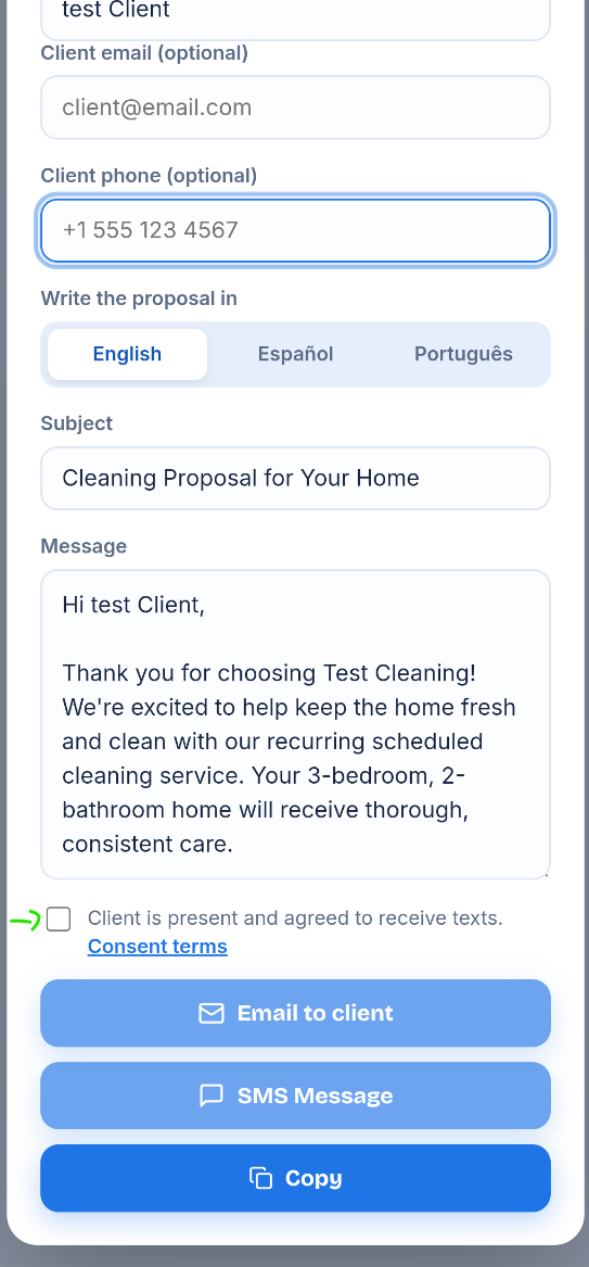 MaidQuote in-app consent checkbox: 'Client is present and agreed to receive texts' with link to consent terms, shown unchecked by default above the send buttons